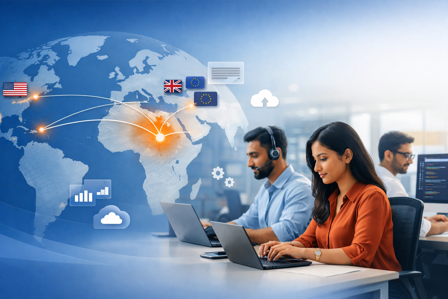 Indian software developers working in a modern office, connected with global companies through offshore development services, shown with a world map and international connections.
