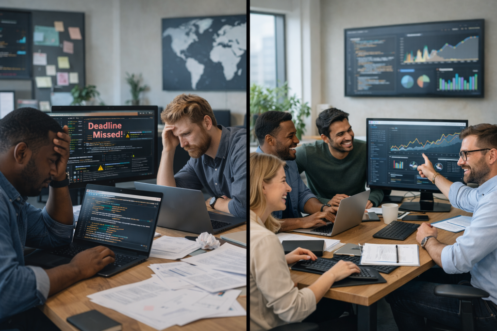 Business professional choosing the right outsourcing partner for web and software development, highlighting the importance of strategic decisions in business growth.