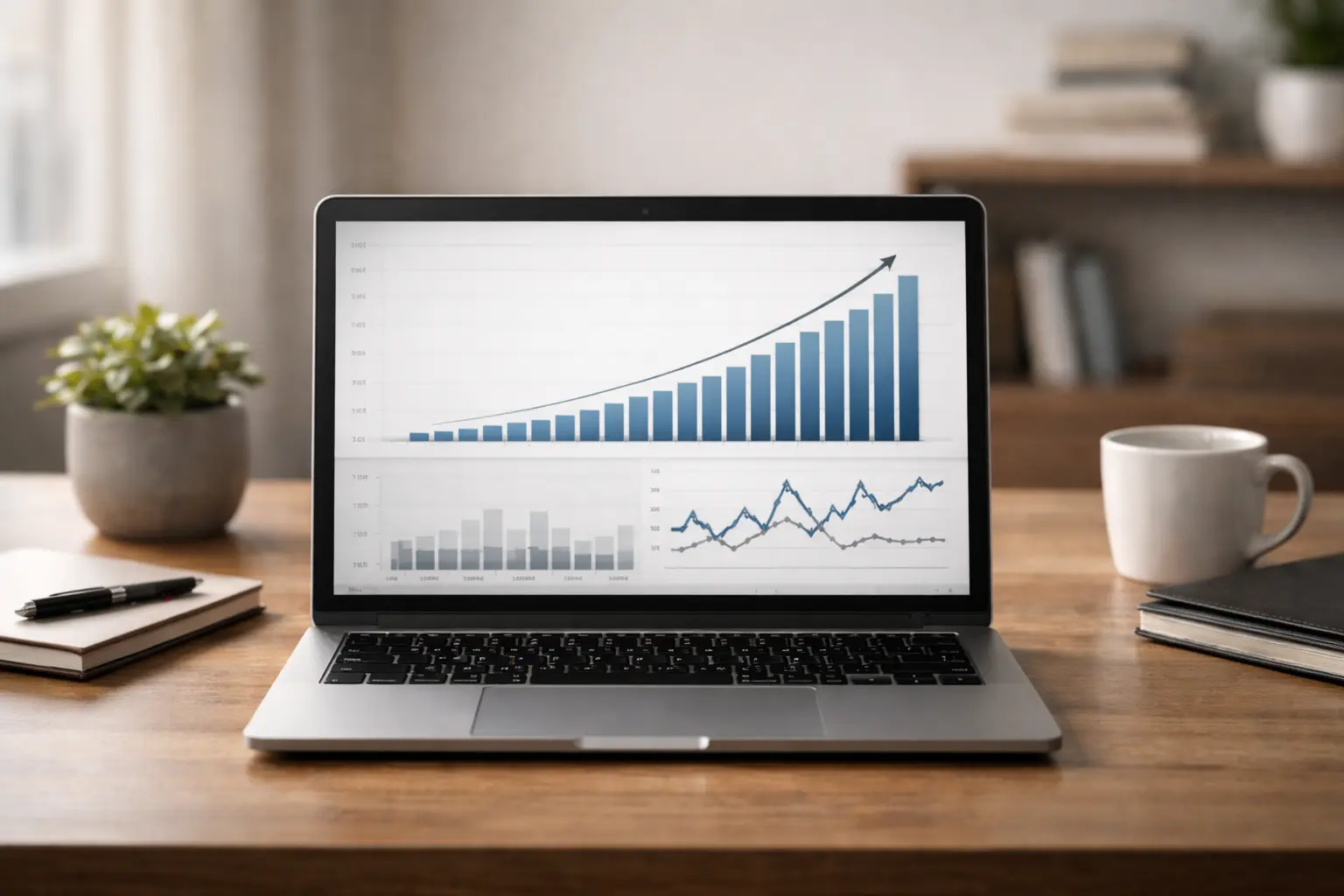 Realistic modern eCommerce workspace showing organic traffic growth versus paid ads on a laptop, professional corporate setup