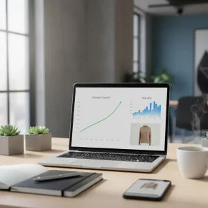 High-quality eCommerce desk showing paid ads dashboard with rising costs and flat revenue, realistic office setting