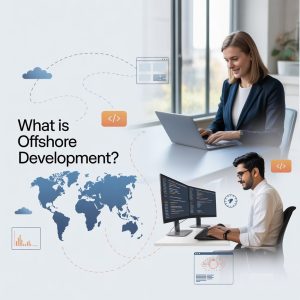 Illustration showing offshore software development where a global business works remotely with an overseas development team, connected through cloud technology and digital tools.